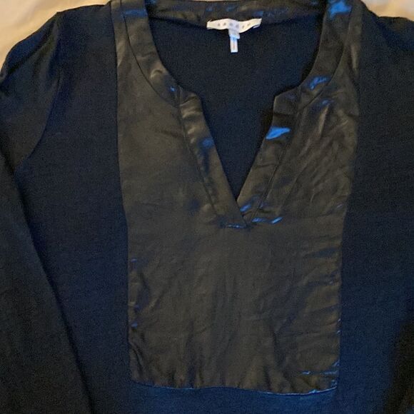 Sandro Linen V Neck Top with 3/4 Sleeve and Acetate Bib Inset. Size Medium. - Picture 4 of 6